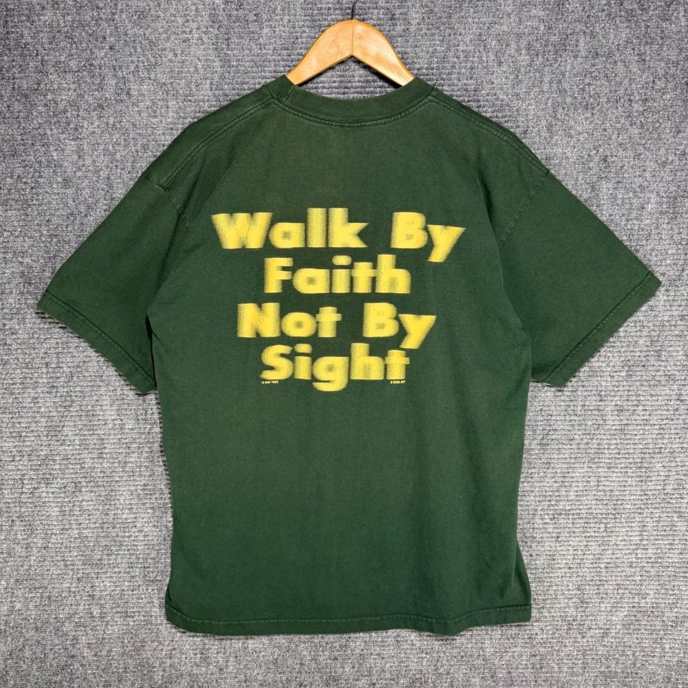 Vintage 90s Jesus Faith T-Shirt XL Green Walk By Faith Not By Sight USA
